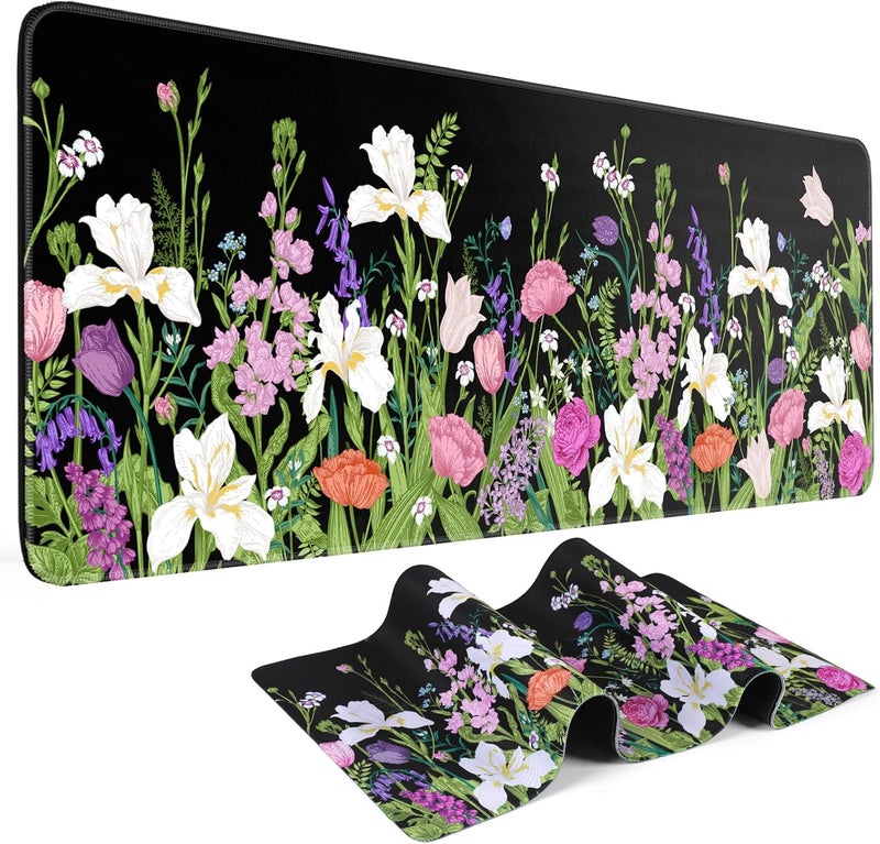 DIGSOM Large Gaming Mouse Pad Keyboard Pad 31.5 x 11.8 in Gaming Pad Black Mouse Pad with Anti-Slip Rubber Base, Extended Mouse Mat XL Mouse Pad Large Mouse Mat(Flower) - Image 1